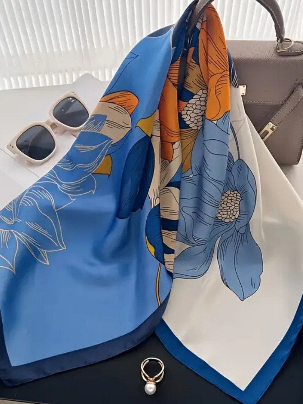 Silk-feel Vibrant Blue & Orange Floral Women Heaf Scarf , Neck Scarf - Picture 4 of 5